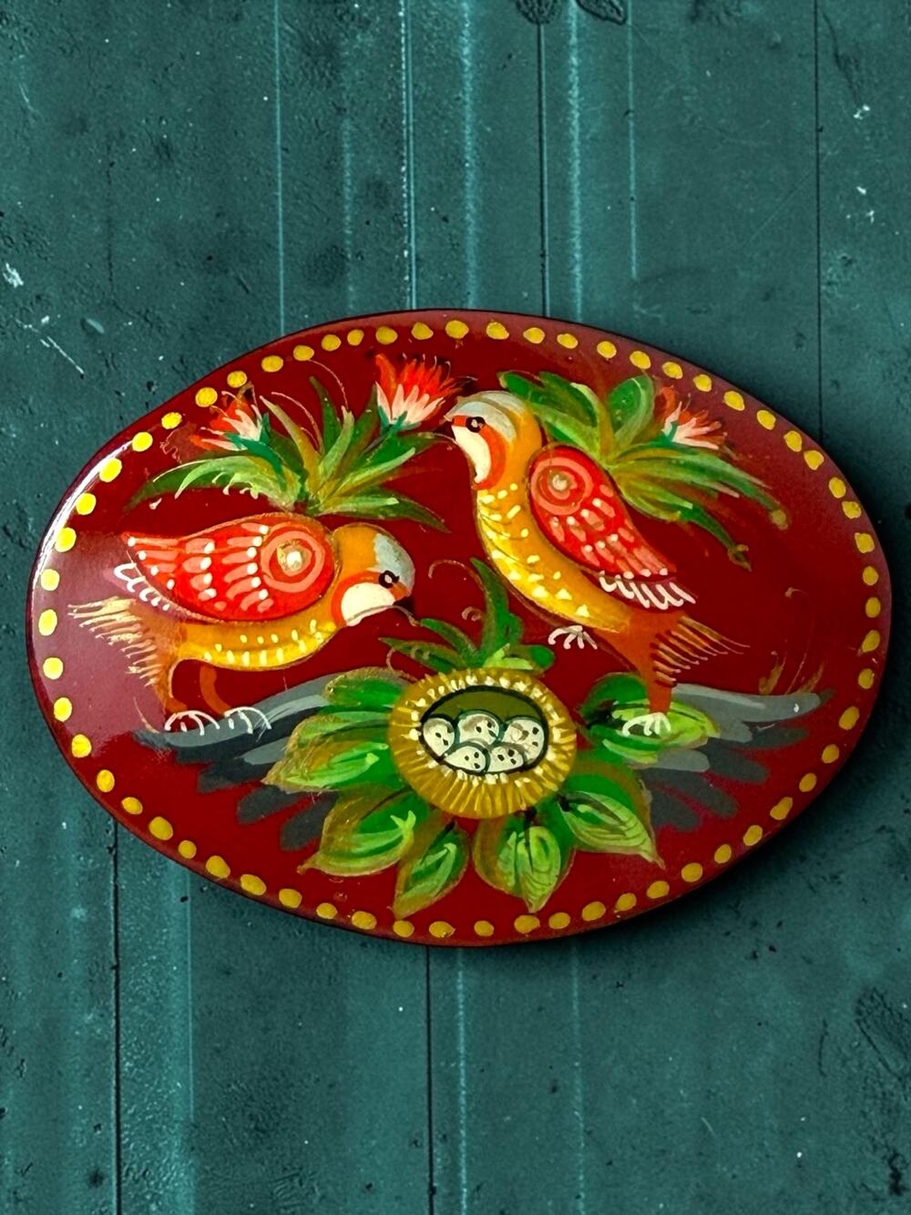 Vintage Russian Folk Art Hand Painted Red Lacquer Brooch Pin Signed Bird Floral